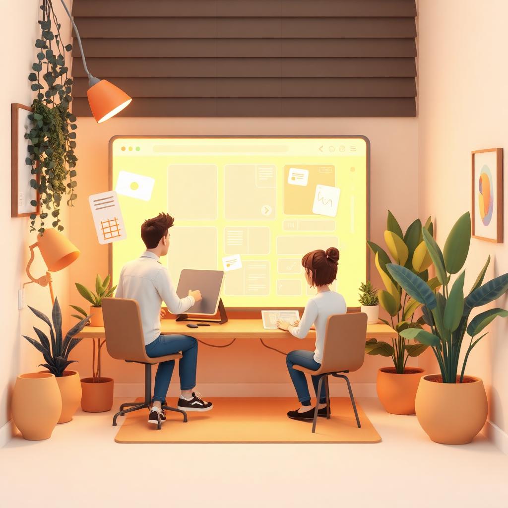 Illustrated two-person team collaborating on a website in a cozy studio corner