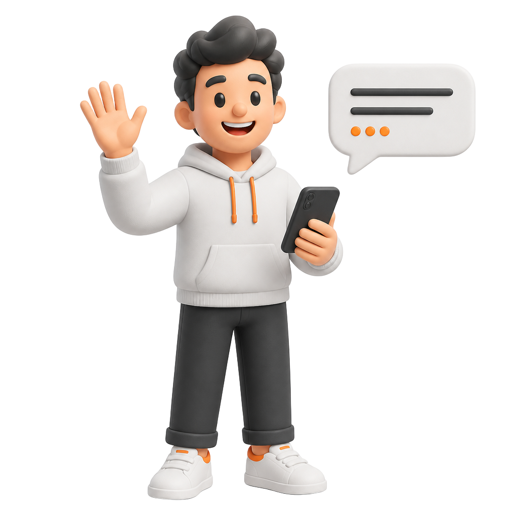 Illustrated person waving while holding a phone with a chat message