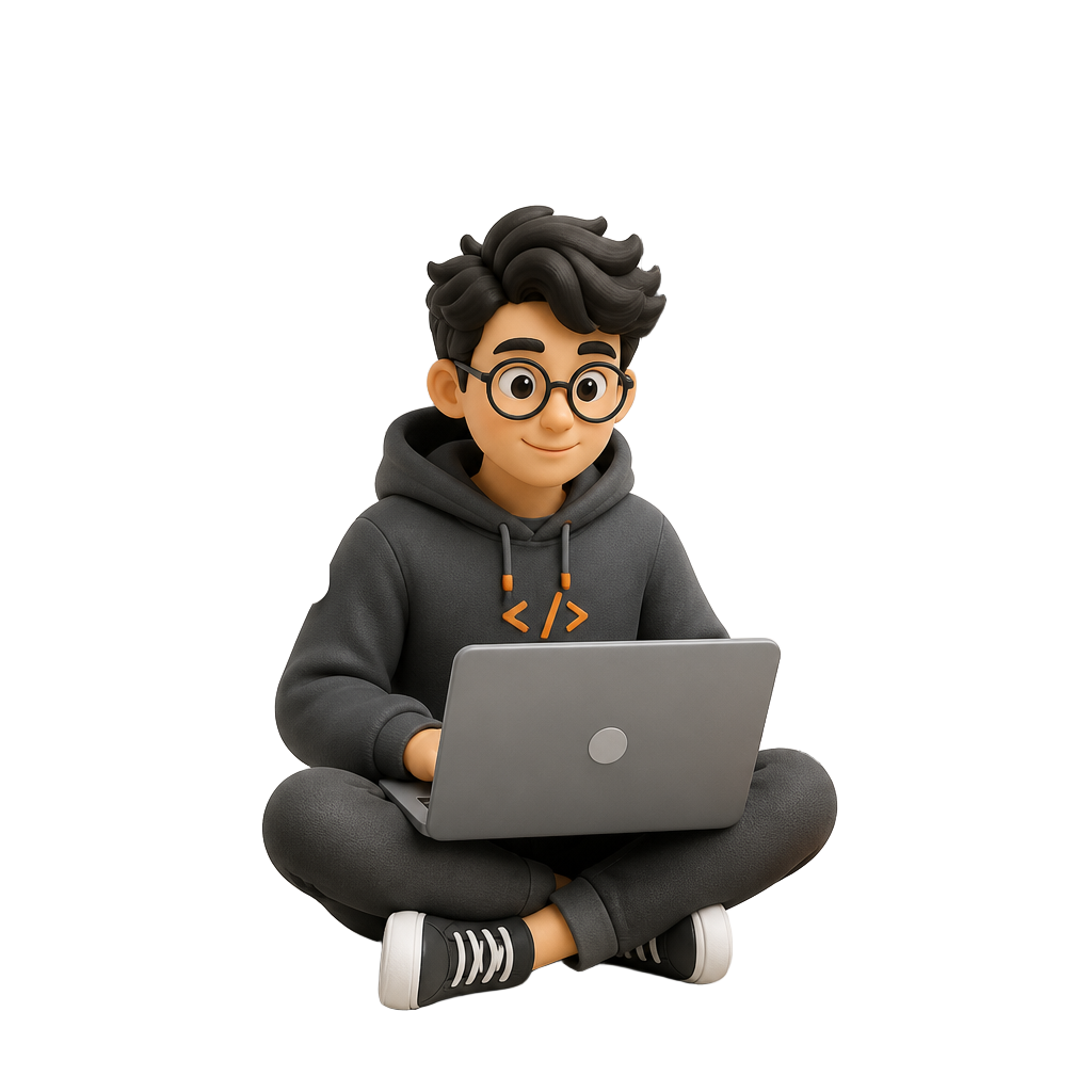 Illustrated web developer building a website with floating interface elements